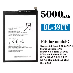 New phone battery BL-49FT for Tecno Camon 15 /Camon 15 Air/ Spark 5 Air /Spark 5 / Spark 5 Pro / Spark 6 Go / Spark Go 2020 / POP 4/POP 4 Air