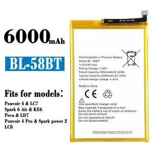 New phone battery BL-58BT for Tecno Pouvoir 4 / Pouvoir 4 Pro/ Spark 6 Air / Spark power 2