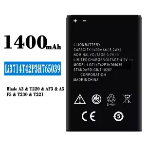 New phone battery Li3714T42P3H765039 for ZTE Blade A3/T220/AF3/A5/F5/T230/T221